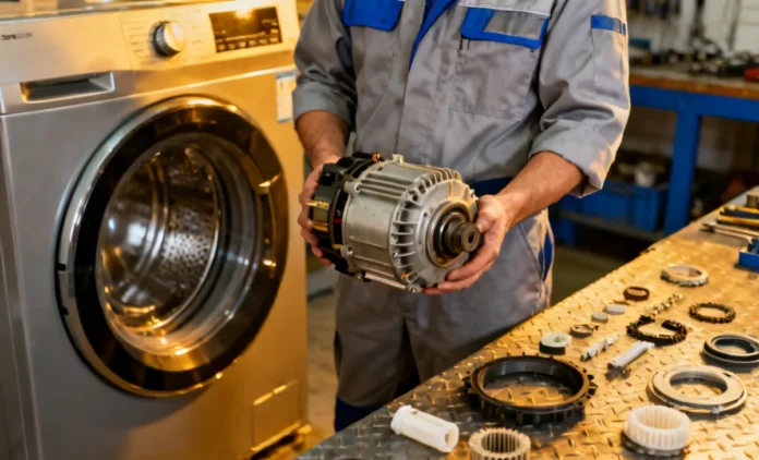 Standardized Appliance Spare Parts — Home Repair Workshop 2026 Technician holding standardized appliance spare parts next to an open washing machine in a repair workshop