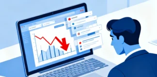 A professional diagnosing a sudden drop in organic search traffic using Google Analytics and Search Console on a laptop