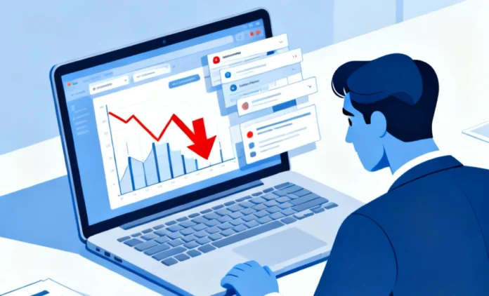 sudden-drop-organic-traffic-guide A professional diagnosing a sudden drop in organic search traffic using Google Analytics and Search Console on a laptop