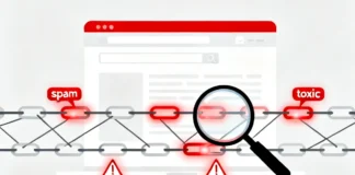 Toxic backlinks removal guide — illustration of a website with bad links highlighted in red and a magnifying glass detecting spam links