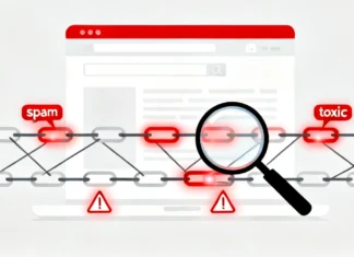 Toxic Backlinks Removal Guide: How to Find & Fix Bad Links Before They Destroy Your Rankings Toxic backlinks removal guide — illustration of a website with bad links highlighted in red and a magnifying glass detecting spam links