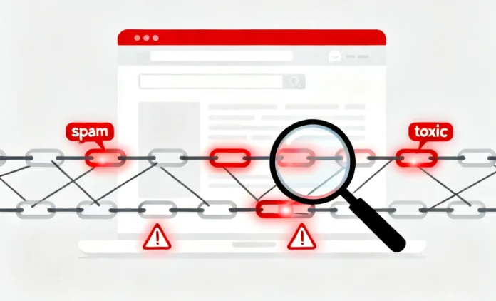 Toxic backlinks removal guide — illustration of a website with bad links highlighted in red and a magnifying glass detecting spam links
