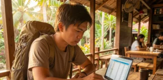 Traveler planning 3 month travel budget on laptop at cafe with passport and money