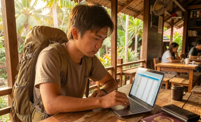 Planning Your 3 Month Travel Budget Traveler planning 3 month travel budget on laptop at cafe with passport and money
