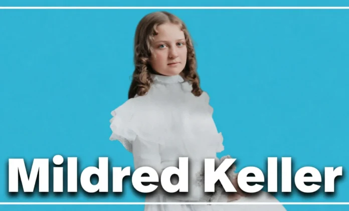 Mildred Keller, younger sister of Helen Keller, seated in portrait studio wearing white dress, Tuscumbia Alabama 1880s