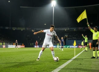 Offside Rule in Soccer Explained: How Referees Spot It (2026 Guide) offside rule in soccer — referee raising flag with VAR screen showing digital offside line in background