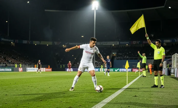 offside rule in soccer — referee raising flag with VAR screen showing digital offside line in background