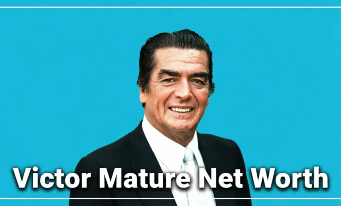 Infographic showing Victor Mature net worth breakdown including film earnings, real estate, and royalties in 2026