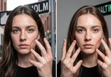 AI Generated Image Mistakes: 8 Red Flags to Spot Fast Person examining AI generated image mistakes showing six-fingered hands, garbled text on signs, and inconsistent lighting in synthetic photo