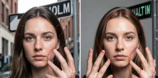 Person examining AI generated image mistakes showing six-fingered hands, garbled text on signs, and inconsistent lighting in synthetic photo