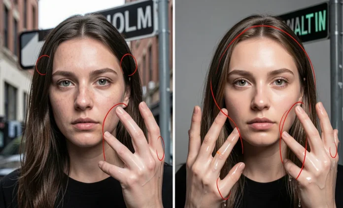 AI Generated Image Mistakes: Visual Red Flags Comparison Person examining AI generated image mistakes showing six-fingered hands, garbled text on signs, and inconsistent lighting in synthetic photo