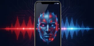 AI voice cloning scam showing audio waveform morphing into a fake voice on smartphone