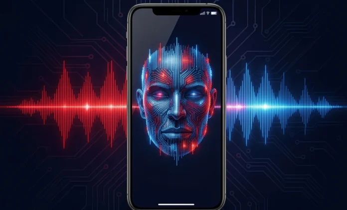 AI voice cloning scam showing audio waveform morphing into a fake voice on smartphone