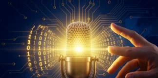 AI voice lawsuit music — digital microphone with AI circuit waves representing artist voice cloning dispute