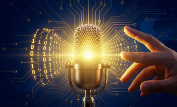 Major Music Label Sues AI Company Over Voice Cloning Without Artist Consent AI voice lawsuit music — digital microphone with AI circuit waves representing artist voice cloning dispute