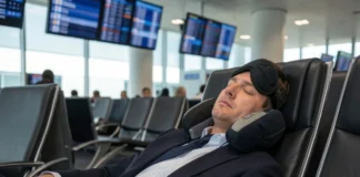 Tired traveler experiencing airport lounge sleep fatigue while napping in a premium airport lounge recliner with overhead blue lighting