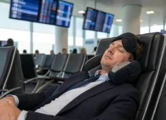 Why Airport Lounge Sleep Fatigue Gets Worse After Every Layover Tired traveler experiencing airport lounge sleep fatigue while napping in a premium airport lounge recliner with overhead blue lighting