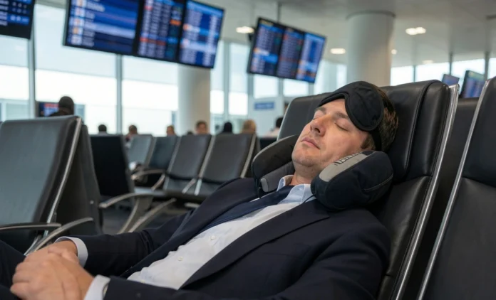 Tired traveler experiencing airport lounge sleep fatigue while napping in a premium airport lounge recliner with overhead blue lighting