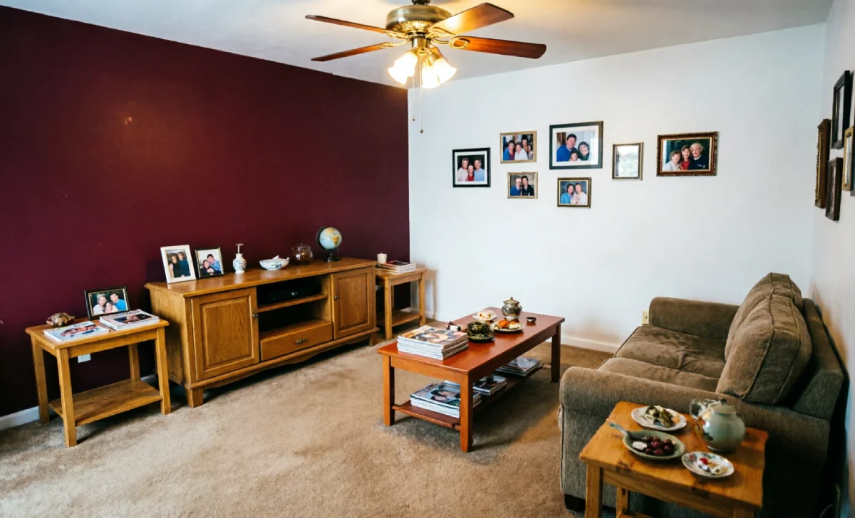 A dated high-contrast burgundy accent wall against white walls — classic example of are accent walls out of style done wrong