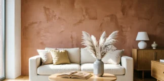 A modern living room with a textured limewash accent wall — showing are accent walls out of style answered in 2026