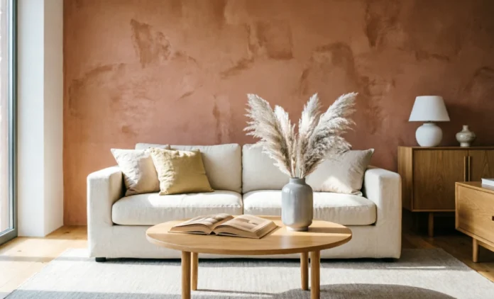 Are Accent Walls Out of Style in 2026 — Modern Living Room A modern living room with a textured limewash accent wall — showing are accent walls out of style answered in 2026