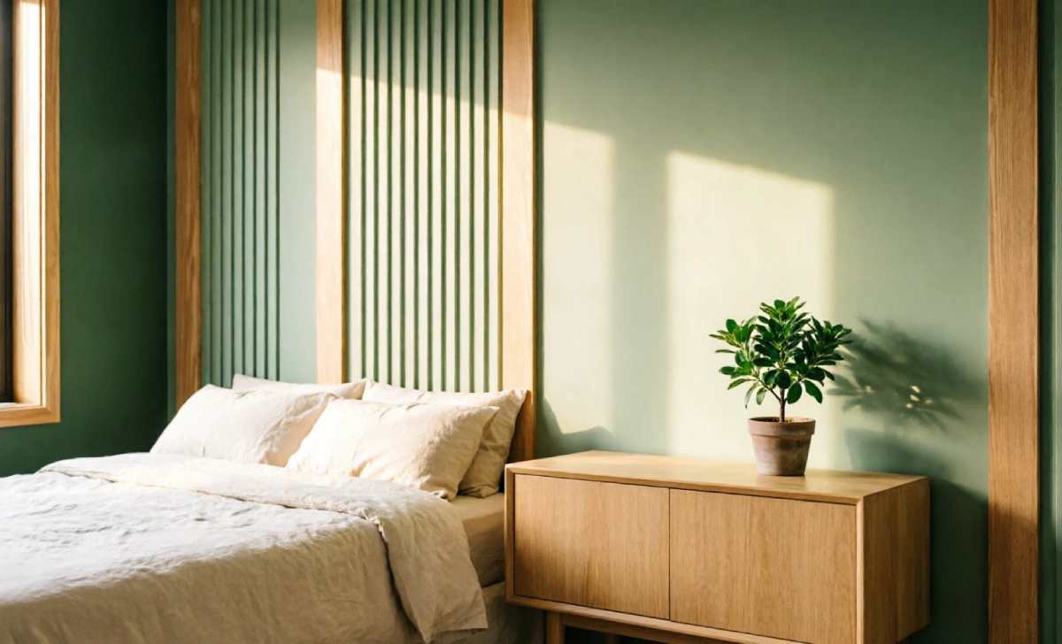 A modern sage green board and batten accent wall in a 2026 bedroom showing how are accent walls out of style can be fixed with texture