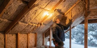 Contractor installing attic insulation by climate — fiberglass batts between roof joists in a residential home