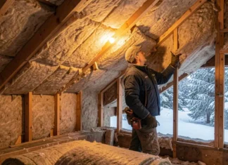 How to Choose Attic Insulation by Climate: Complete 2026 Guide Contractor installing attic insulation by climate — fiberglass batts between roof joists in a residential home
