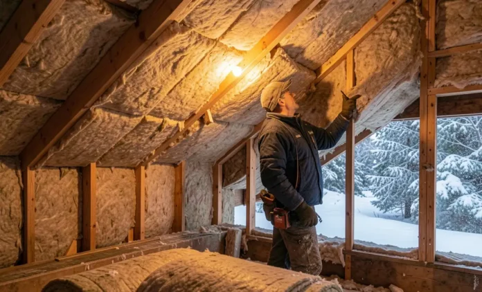 Contractor installing attic insulation by climate — fiberglass batts between roof joists in a residential home