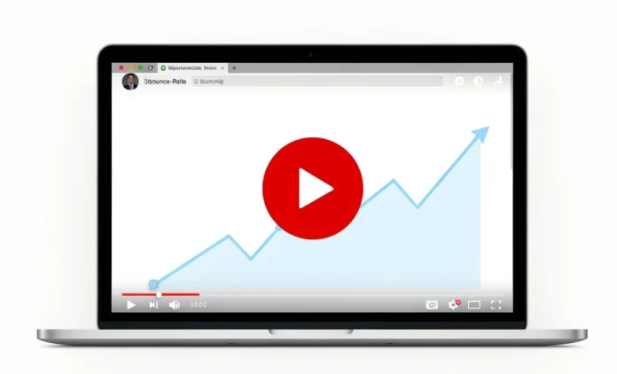 Laptop screen showing a paused video player with a declining bounce rate graph — illustrating how autoplay videos hurt engagement