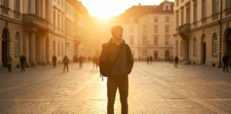 Solo traveler exploring a famous landmark early morning to avoid overtourism at popular destinations