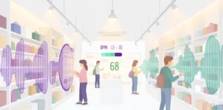 A shopper browsing retail store aisles with sound wave and BPM meter overlay — illustrating how background music tempo shopping strategy shapes buyer behavior.