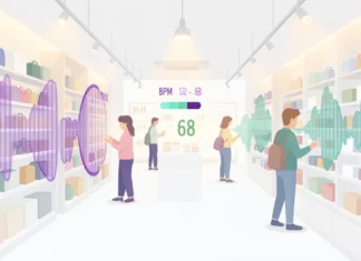 How Background Music Tempo Shopping Works in Stores A shopper browsing retail store aisles with sound wave and BPM meter overlay — illustrating how background music tempo shopping strategy shapes buyer behavior.