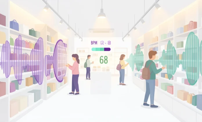 Background Music Tempo Shopping — How Retail Sound Influences Spending A shopper browsing retail store aisles with sound wave and BPM meter overlay — illustrating how background music tempo shopping strategy shapes buyer behavior.