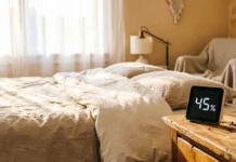 Ideal bedroom humidity for sleep: The real sweet spot and how to track it Serene bedroom with hygrometer showing ideal bedroom humidity for sleep at 45% on nightstand