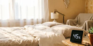 Serene bedroom with hygrometer showing ideal bedroom humidity for sleep at 45% on nightstand