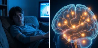 Binge watching reward system activation showing dopamine pathways in brain during extended streaming