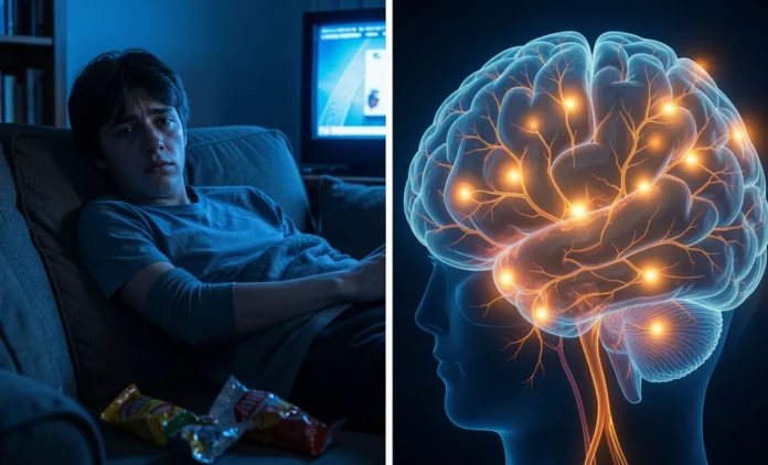 Binge watching reward system activation showing dopamine pathways in brain during extended streaming