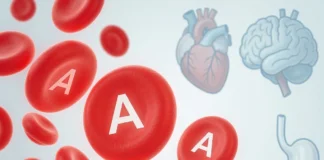 Blood type health risks shown through ABO blood cell types and organ icons