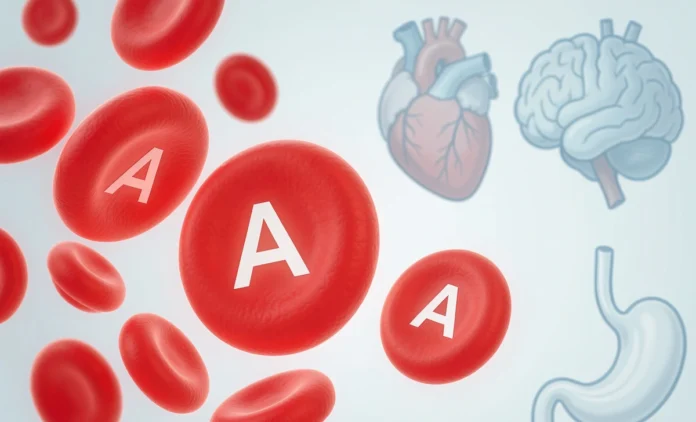 Blood type health risks shown through ABO blood cell types and organ icons