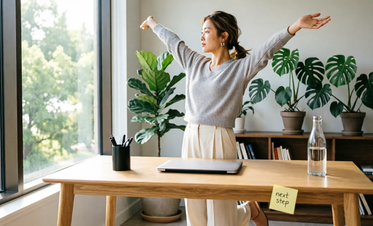 Remote worker stretching by window showing how breaks boost daily productivity at home