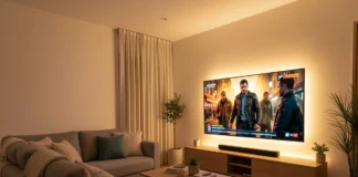 budget home entertainment setup with wall-mounted TV and soundbar in a cozy living room