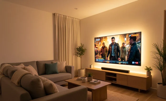 Budget Home Entertainment Setup – Wall-Mounted TV with Soundbar and Bias Lighting budget home entertainment setup with wall-mounted TV and soundbar in a cozy living room