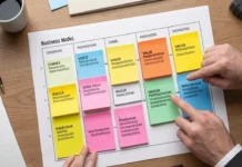 Business Model Canvas Startups: Complete Step-by-Step Guide Business model canvas startups use - 9 building blocks template with sticky notes