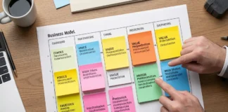 Business model canvas startups use - 9 building blocks template with sticky notes