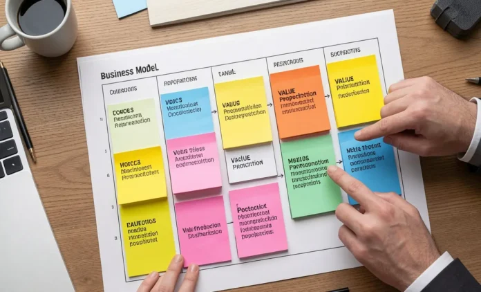Business Model Canvas Startups - Visual Strategy Template Business model canvas startups use - 9 building blocks template with sticky notes