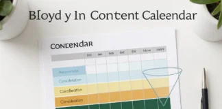 buyer journey content calendar with color-coded funnel stages