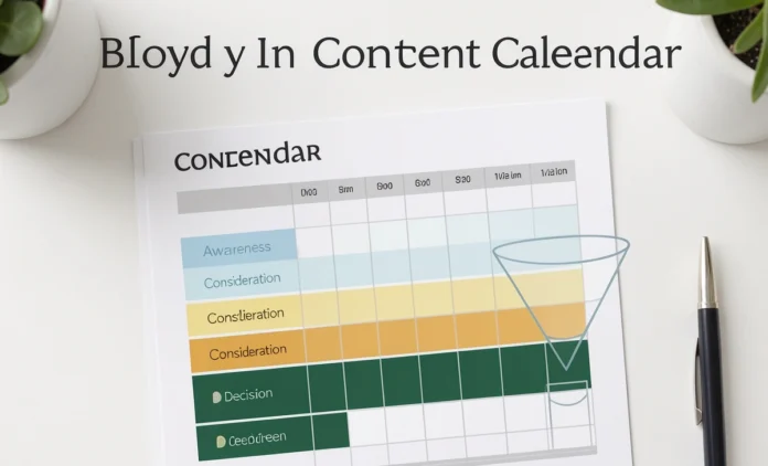 buyer journey content calendar with color-coded funnel stages