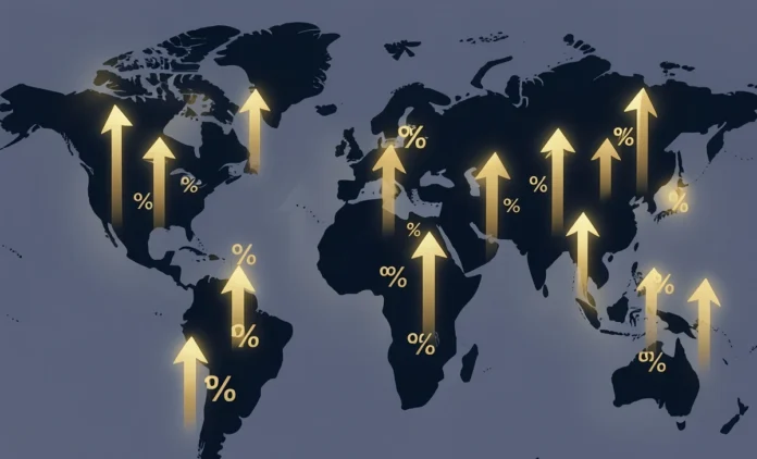 Global Central Banks Interest Rate Hike 2026 Central banks interest rate hike 2026 — world map with rising rate arrows across 12 countries