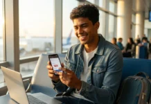 Cheap Last Minute Flights: How to Book Without Overpaying (2026) Traveler booking cheap last minute flights on smartphone at airport terminal